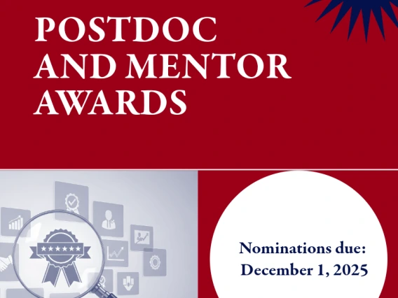 Read flyer with white texts, blue star in the left-hand corner. Test. Postdoc and mentor awards. nominations due December 1, 2025.