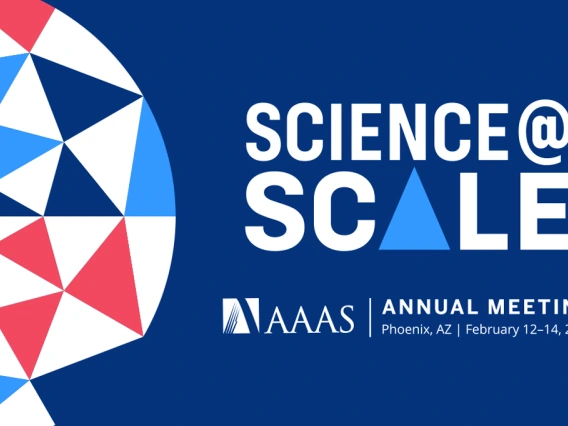 Abstract graphic in blue, dark blue, red, and white on teh left side, on dark blue background. Text in the middle: Science at Scale, AAAAS, Annual Meeting Phoenix AZ, February 12 - 14, 2026