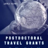 Instagram post: glass globe held in a hand, blue backgrounds. Text: apply now, postdoctoral travel grant, deadline October 27, 2025.