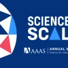 Abstract graphic in blue, dark blue, red, and white on teh left side, on dark blue background. Text in the middle: Science at Scale, AAAAS, Annual Meeting Phoenix AZ, February 12 - 14, 2026